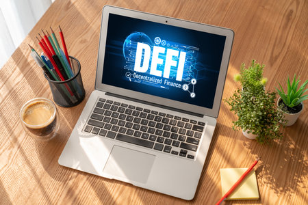 Decentralized finance or DeFi concept on modish computer screen . The defi system give new choice of...