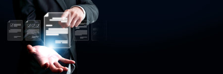 Business person managing online documents for efficient work processes. Ensure secure and quick...