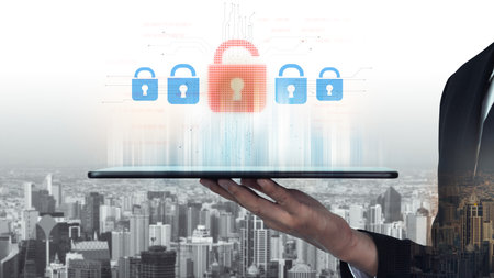 Digital security concept illustrating a cybersecurity breach, with a red unlocked padlock indicating...