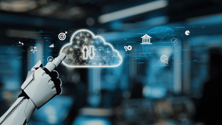 A robotic hand points at a glowing digital cloud symbolizing data transfer and interconnectedness,...