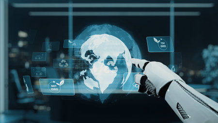 A robotic hand engages with a virtual globe showcasing eco-friendly concepts, highlighting...
