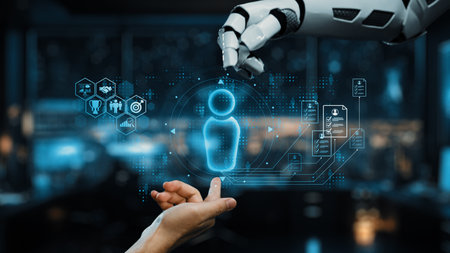 A robotic hand reaches out to a digital human figure in a futuristic workspace, showcasing themes of...