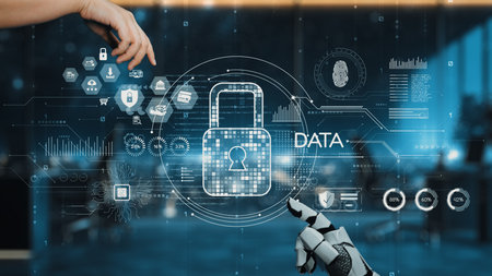 Two hands reach toward a digital lock symbolizing data protection amidst a futuristic interface,...