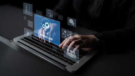 Workflow optimization concept featuring interconnected gears, task management, collaboration, process mapping, review, and automation for business productivity and efficiencyの写真素材
