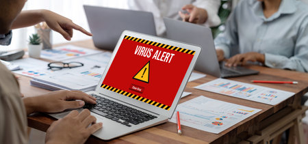 Virus warning alert on computer screen detected brisk cyber threat , hacker, computer virus and malwareの写真素材