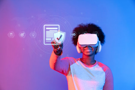 A young user engages with virtual reality technology, ensuring compliance with laws and regulations....