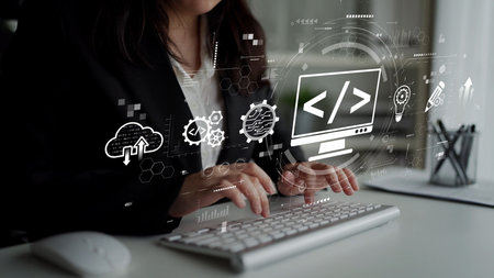 Modern web development concept featuring coding symbols, web development process, web development...