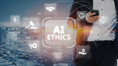 AI is transforming society, raising important ethics questions. Ethics in AI design ensures fairness. AI ethics promote responsible decisions. Balancing AI power with strong ethics is essential. Muxerの写真素材