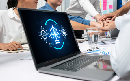 AI ethics responsibility standard law and rules on computer screen provide report of AI ethic...