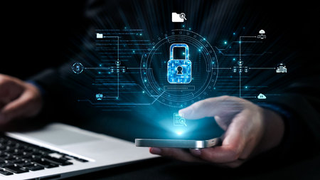 This image showcases a modern digital security concept featuring a smartphone and laptop with...
