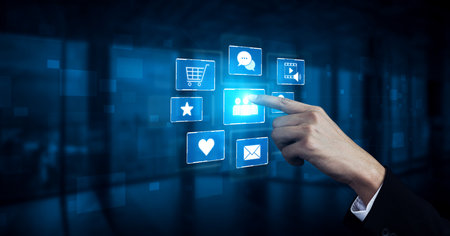 Icons representing social media interaction, communication, and engagement. Social media builds...