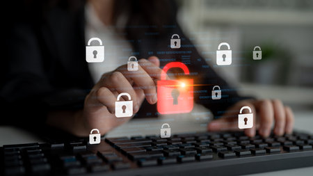 Digital security concept illustrating a cybersecurity breach, with a red unlocked padlock indicating...