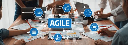 A dynamic team collaborates in a modern office setting, utilizing digital tools and engaging...