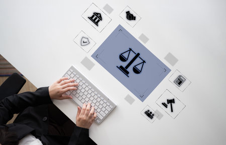 Legal compliance and governance concept showing justice scale, courthouse, contract, policy,...