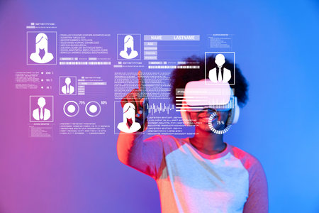 A young individual wearing a virtual reality headset interacts with digital identity and...