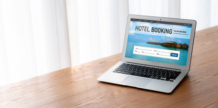 Online hotel accommodation booking website provide modish reservation system . Travel technology concept .の写真素材