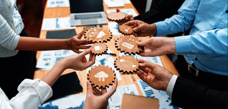 Dynamic business meeting scene showcasing diverse participants holding gear-shaped objects...