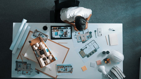 Top view of project manager writing house idea on sticky notes while looking at plan on tablet. Aerial view of civil architect engineer designing and working while sitting at meeting room.の写真素材