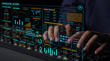 Data center monitoring dashboard visualize network performance, connection status, usage rate, and...
