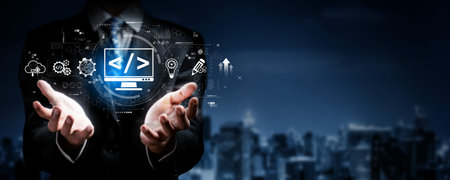 A professional developer displays web programming concepts with a futuristic visual representation,...