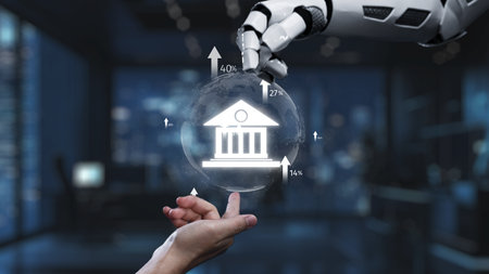 Futuristic Robot Hand Holding Globe with Financial Institution Symbols and Growth Indicators in...
