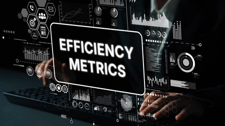 Business professional analyzing data with overlay of efficiency metrics and graphs in a modern...