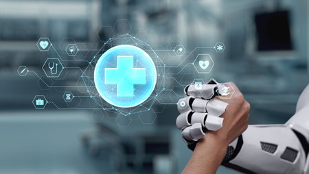 Close up of robot hand and human hand shaking hand with medical cross hologram. AI and human working...