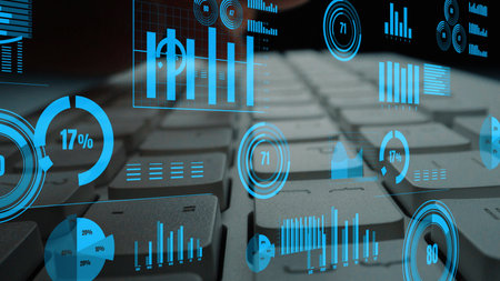 A modern keyboard surrounded by futuristic data visuals displays metrics, charts, and graphs,...