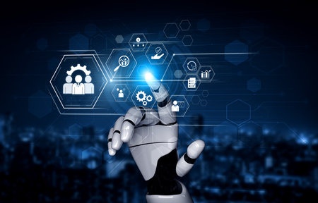 AI optimizing business management system, enhancing productivity, tracking progress, analyzing...