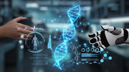 Close up of human and white robotic hand reaching hand for handshaking with DNA holographic floating...