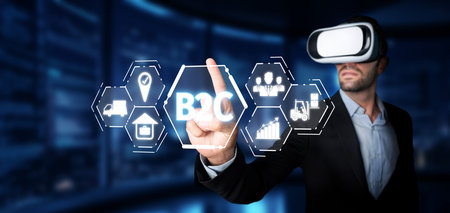 A professional using virtual reality technology in a sleek office setting to enhance business...