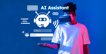 A young person wearing VR goggles interacts with a virtual AI assistant in a modern environment....