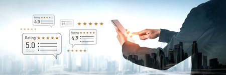 Customer centric review and rating system supports product review, digital rating concept, and...