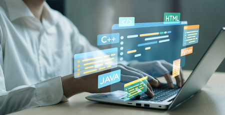 Software developer or programmer work with coding digital overlays of various programming languages...