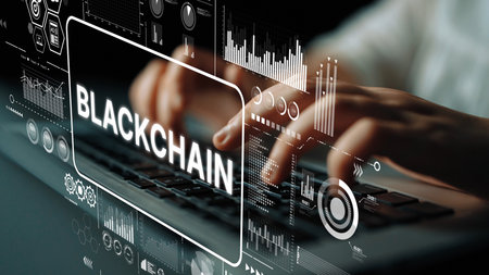 Innovative Technology Concept Featuring Blockchain with Hands Typing on Keyboard Surrounded by Data...