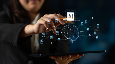 AI neural network and data processing system visualizing artificial intelligence with brain...