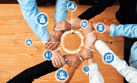 This image showcases a diverse group of hands joining together in a display of teamwork, surrounded...