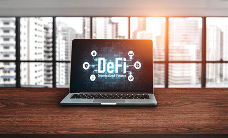 Decentralized finance or DeFi concept on modish computer screen . The defi system give new choice of...