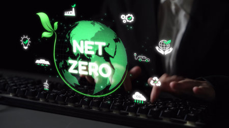 Net zero and sustainability concepts with environmental balance, digital sustainability icons, green...