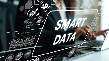Creative concept showcasing smart data analytics with digital interface and modern technology in...