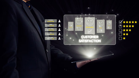 A businessman presents a tablet displaying customer satisfaction metrics, illustrating feedback,...