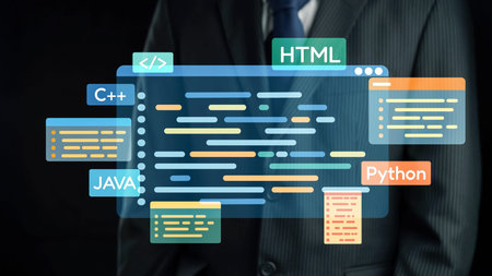 Visual representation of programming languages and code syntax, showcasing web development and...