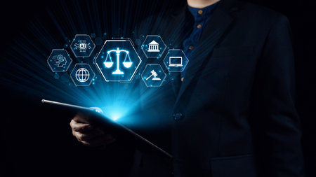 Futuristic digital law interface displaying justice scale, highlighting digital law, AI compliance,...