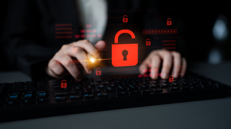 Digital security concept illustrating a cybersecurity breach, with a red unlocked padlock indicating...