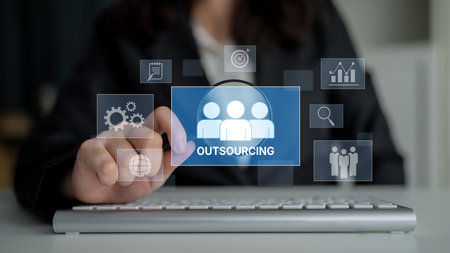 Outsourcing concept showing collaboration, delegation, global workforce, productivity, and task...
