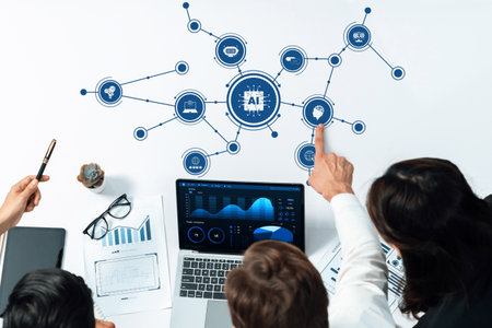 A dynamic business team gathers around a laptop to explore data insights and technology connections,...