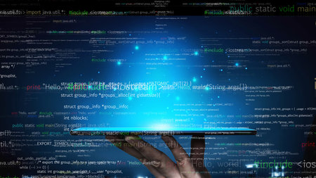 A captivating image showcasing hands holding a tablet, surrounded by dynamic code and programming...