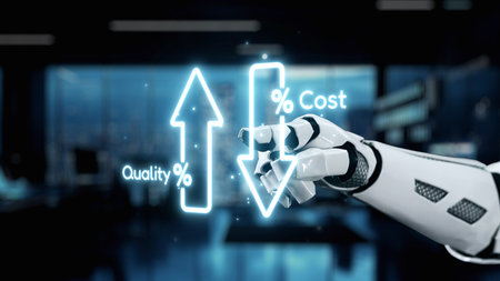 A futuristic robotic hand demonstrates critical performance metrics with quality and cost indicators...