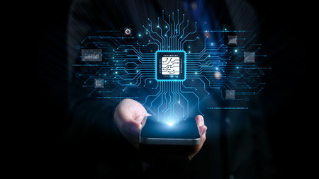 A person holds a smartphone showcasing a vibrant circuit board design and dynamic data visuals,...