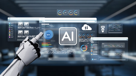 A futuristic representation of artificial intelligence featuring a robotic hand interacting with a...